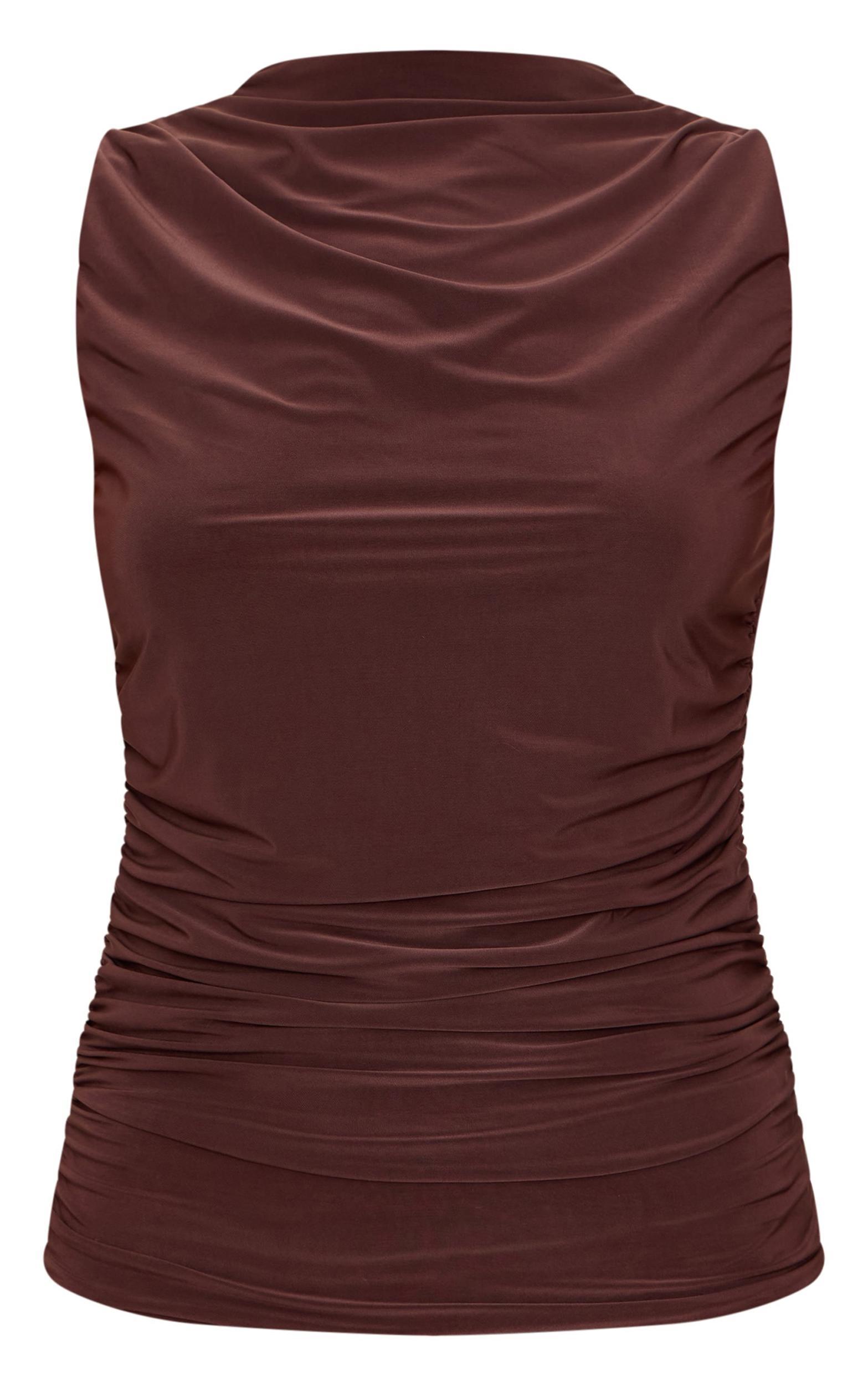 Chocolate Double Layer Slinky Ruched Detail Long Top Product Image