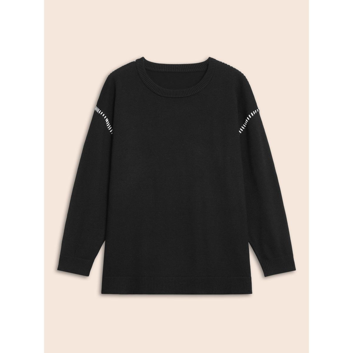 Plus Size Crew Neck Contrast Trim Drop Shoulder Pullover Black Women Casual Long Sleeve Round Neck Everyday Pullovers BloomChic 12/L Product Image
