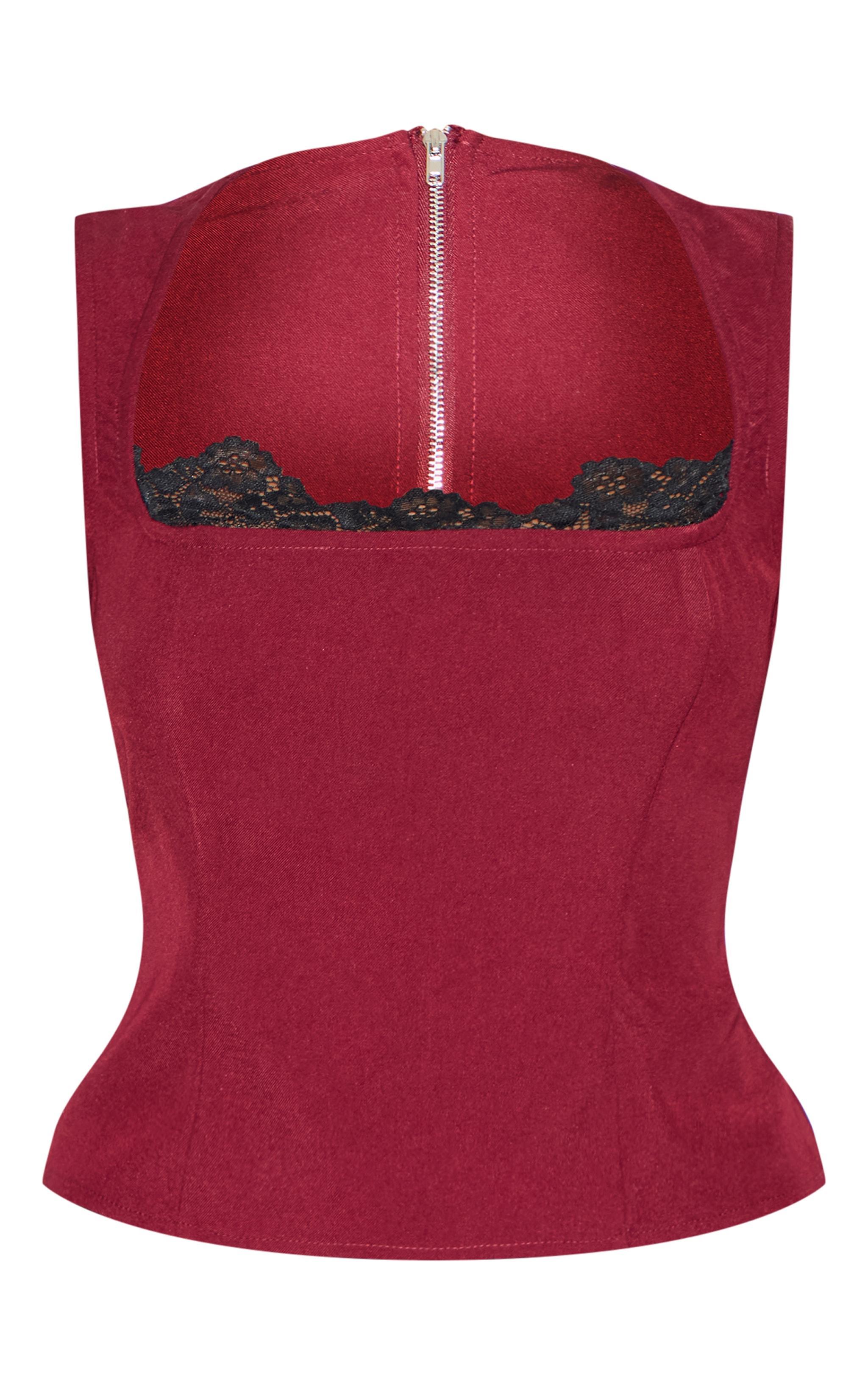 Burgundy Lace Detail Square Neck Woven Top Product Image