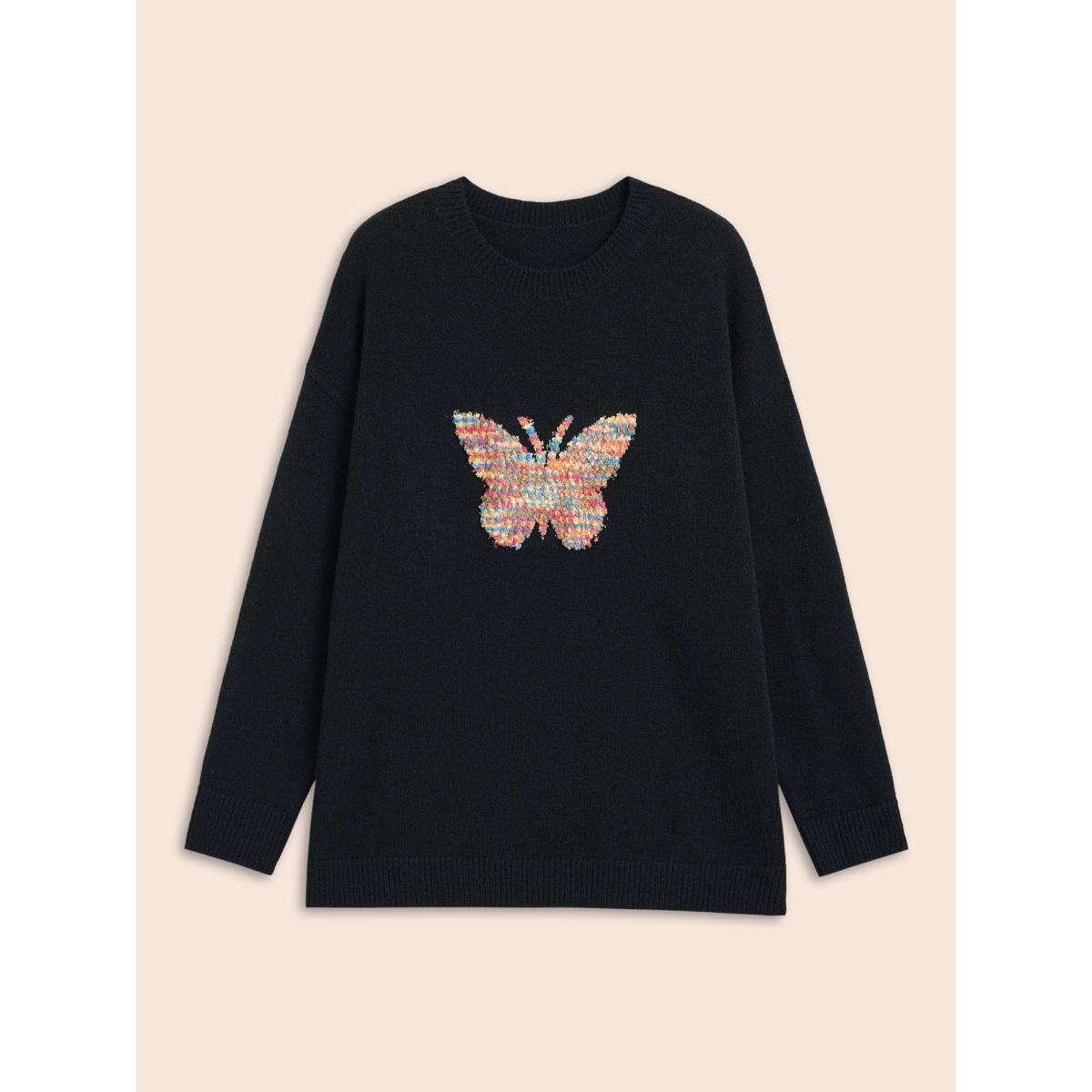 Plus Size Butterfly Jacquard Drop Shoulder Pullover Black Women Casual Long Sleeve Round Neck Everyday Pullovers BloomChic 14-16/1X Product Image