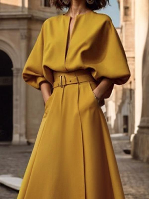 Half Sleeves Loose Belted Solid Color Deep V-Neck Maxi Dresses Product Image