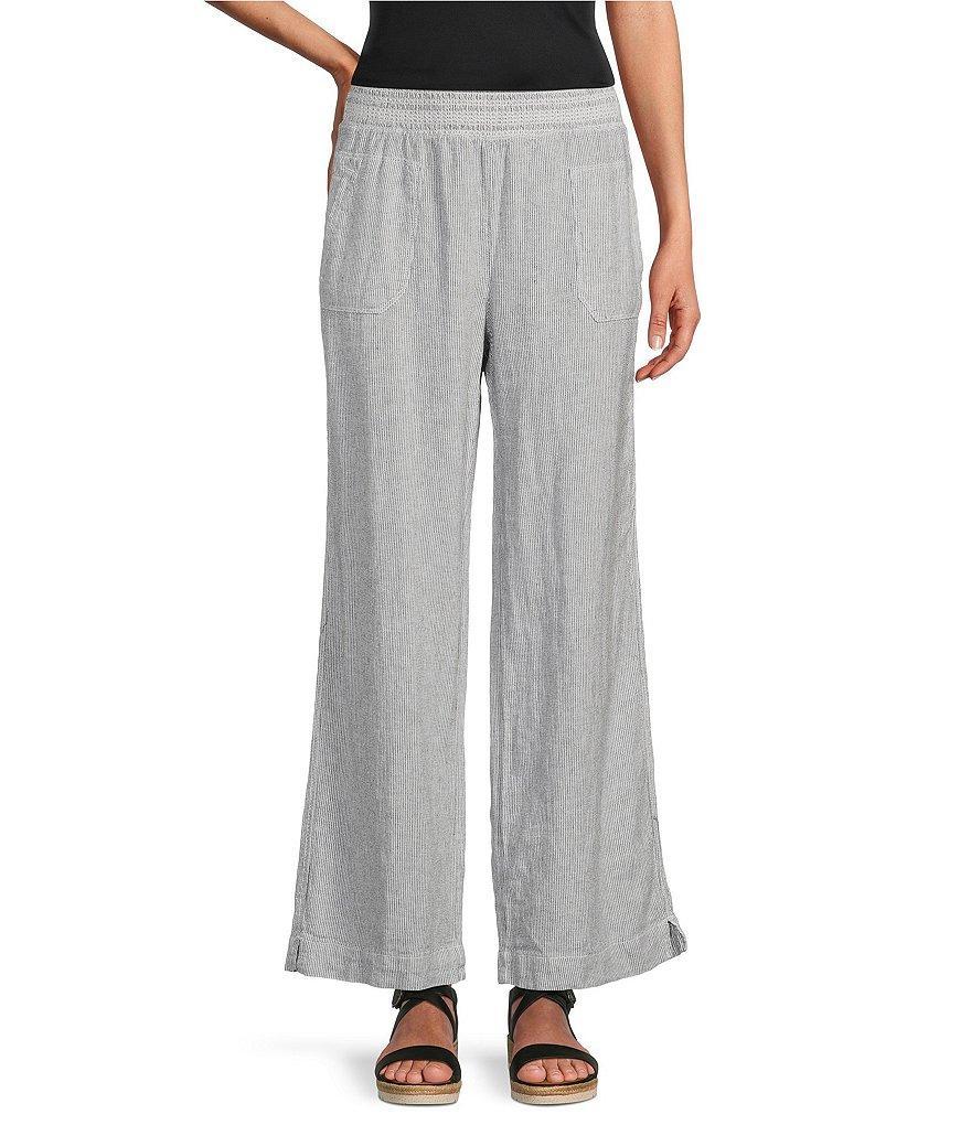 Westbound Stripe Print Smocked Waist Mid Rise Wide Leg Linen Pants Product Image