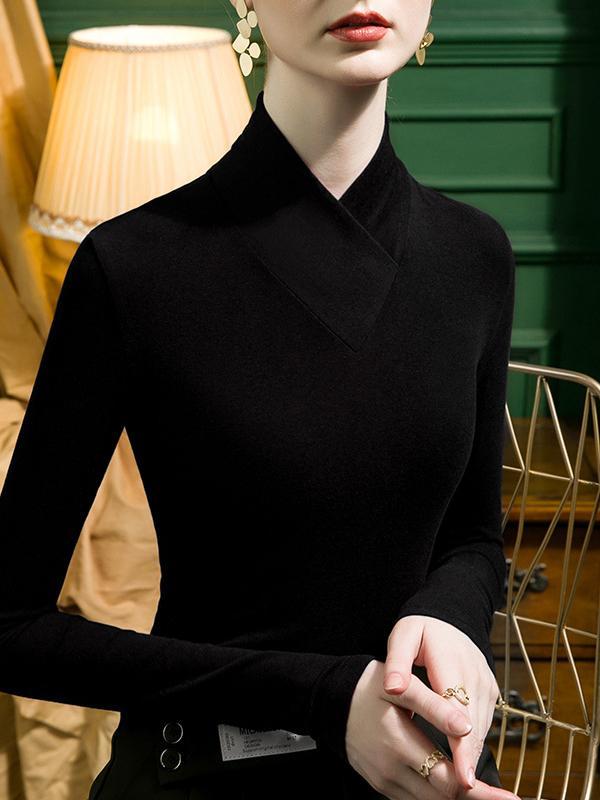 Long Sleeves Plus Size Solid Color Split-Joint V-Neck T-Shirts Product Image