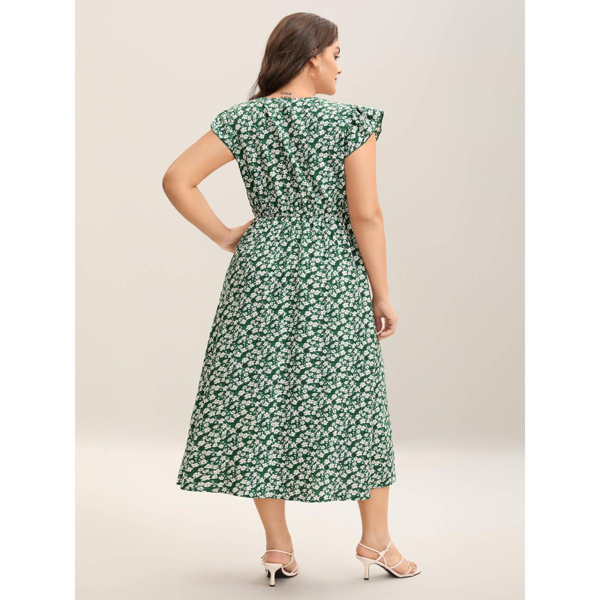 Plus Size Breezy Floral Print Flutter Sleeve Midi Dress Truegreen Women Elegant Ruffles Overlap Collar Cap Sleeve Curvy BloomChic 10/M Product Image
