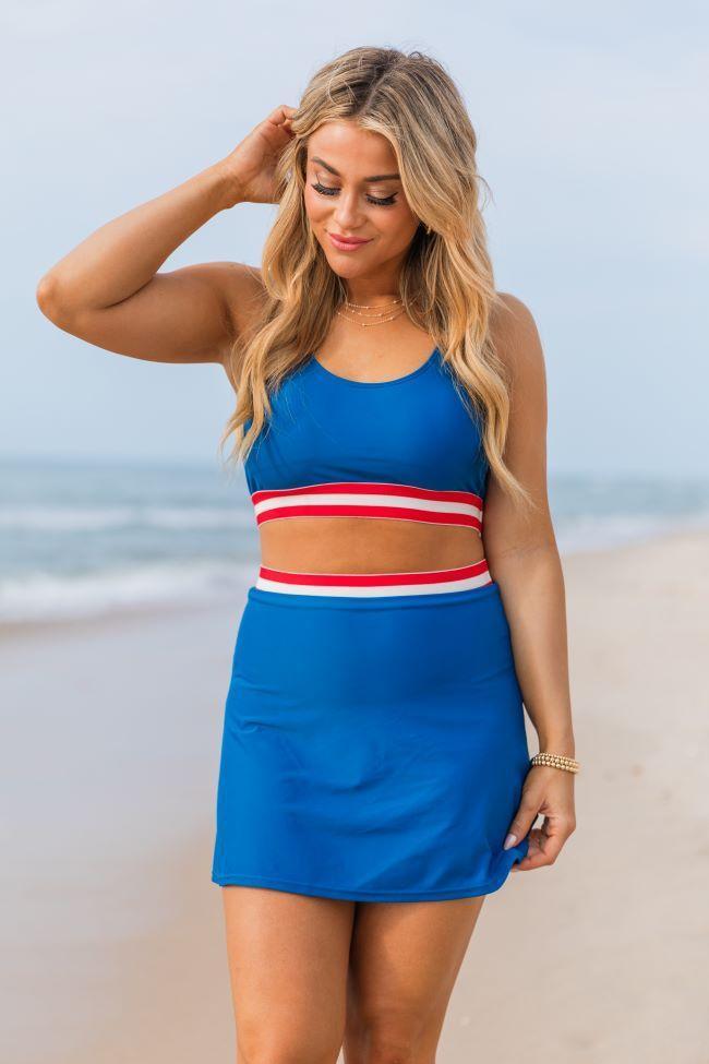 Out On The Water Blue Solid Bikini Top With Striped Trim FINAL SALE Product Image