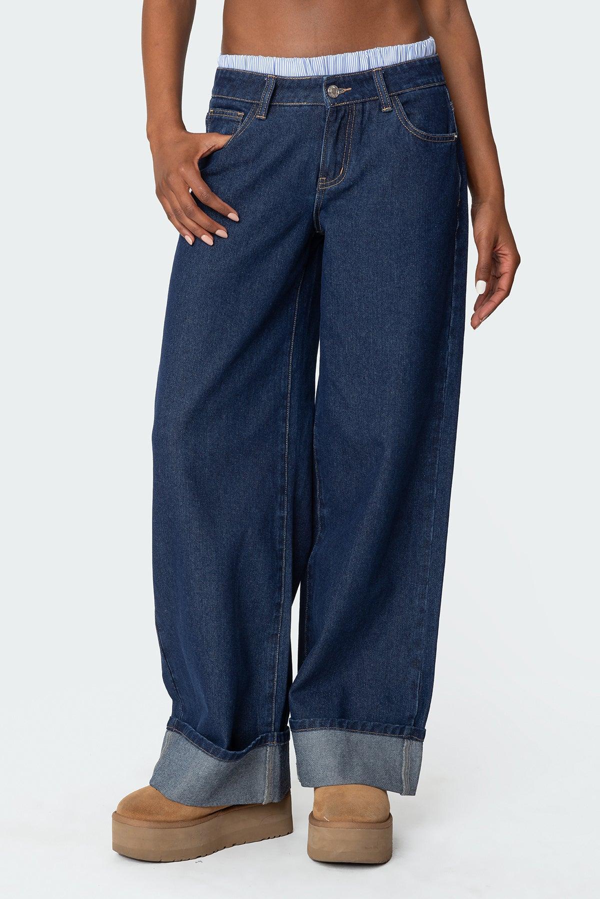 Striped Boxer Detail Low Rise Baggy Jeans Product Image