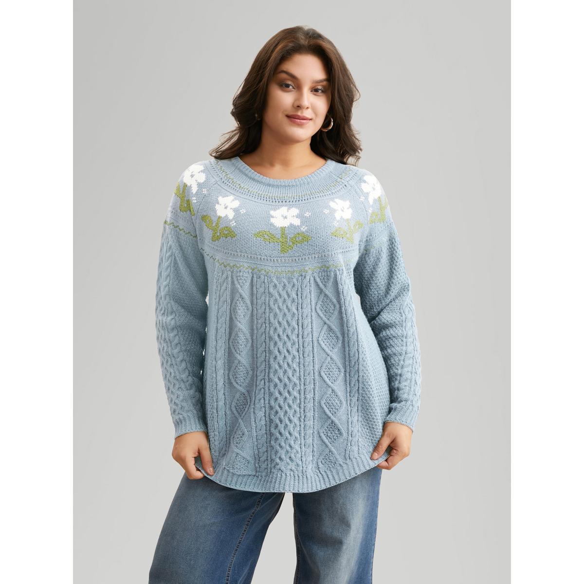 Plus Size Floral Jacquard Raglan Sleeve Pullover LightBlue Women Casual Long Sleeve Round Neck Everyday Pullovers BloomChic 12/L Product Image