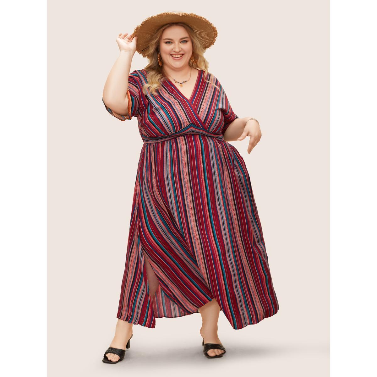 Plus Size Striped Contrast Dolman Sleeve Shirred Pocket Split Flutter Dress Red Women Boho Non V-neck Half Sleeve Curvy BloomChic 18-20/2X Product Image