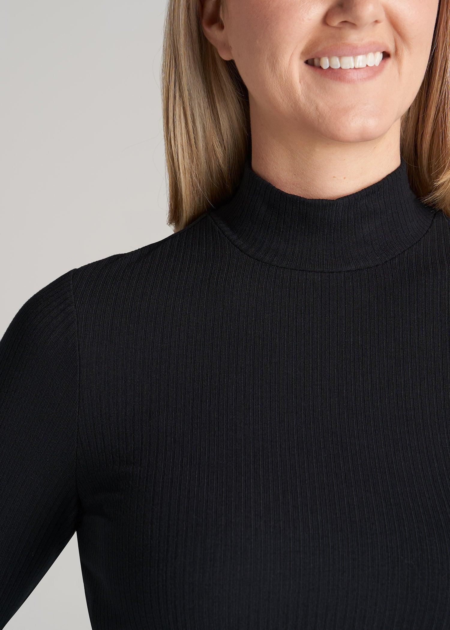 Long Sleeve Mock Neck Ribbed Top for Tall Women in Black Product Image