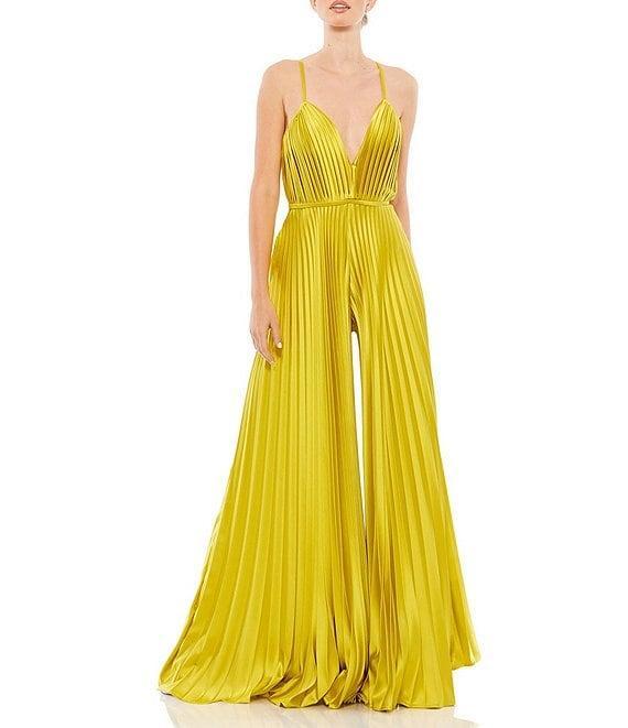 Mac Duggal Pleated Deep V-Neck Spaghetti Strap Sleeveless Wide Leg Jumpsuit Product Image