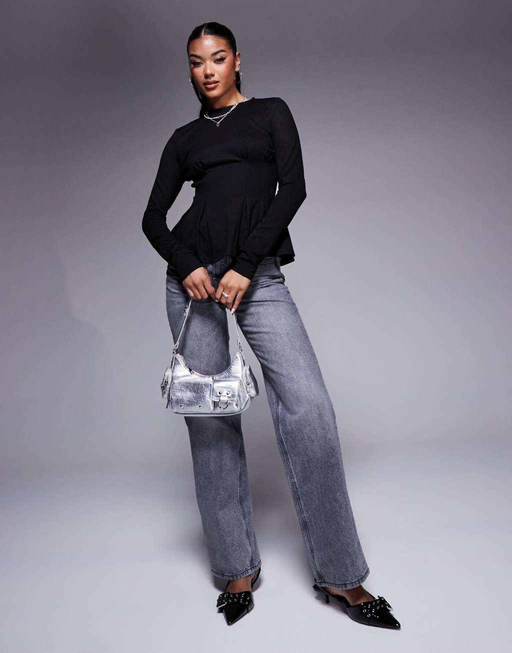 ASOS DESIGN ponte dart waist detail long sleeve top in black Product Image