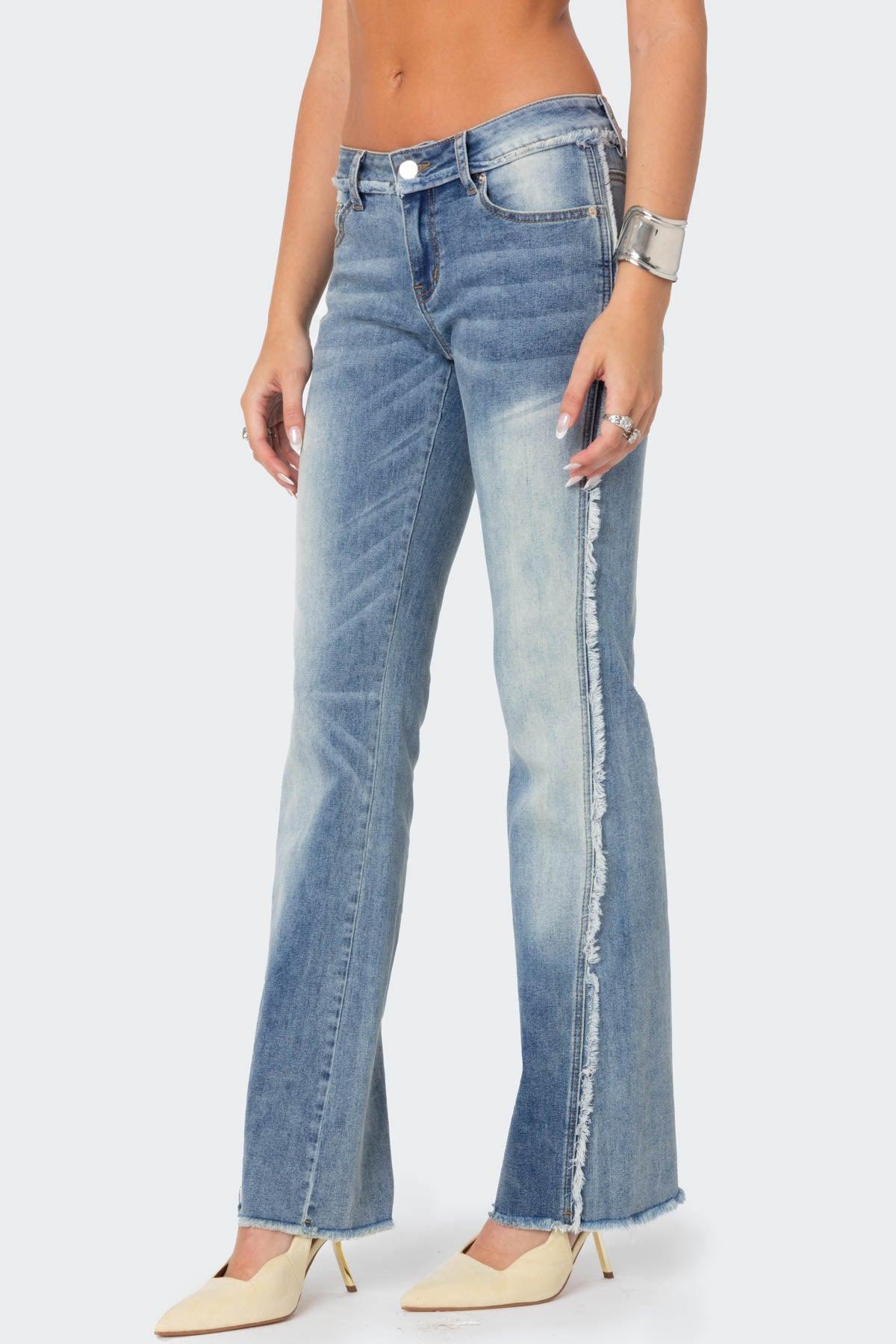 Frayed Seam Washed Low Rise Straight Leg Jeans Product Image