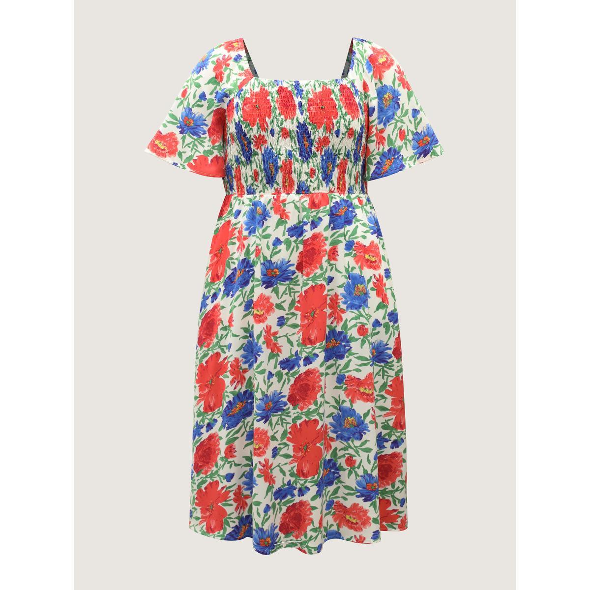 Plus Size Sunkissed Floral Shirred Pockets Midi Dress Multicolor Women Shirred Square Neck Short sleeve Curvy BloomChic 12/L Product Image