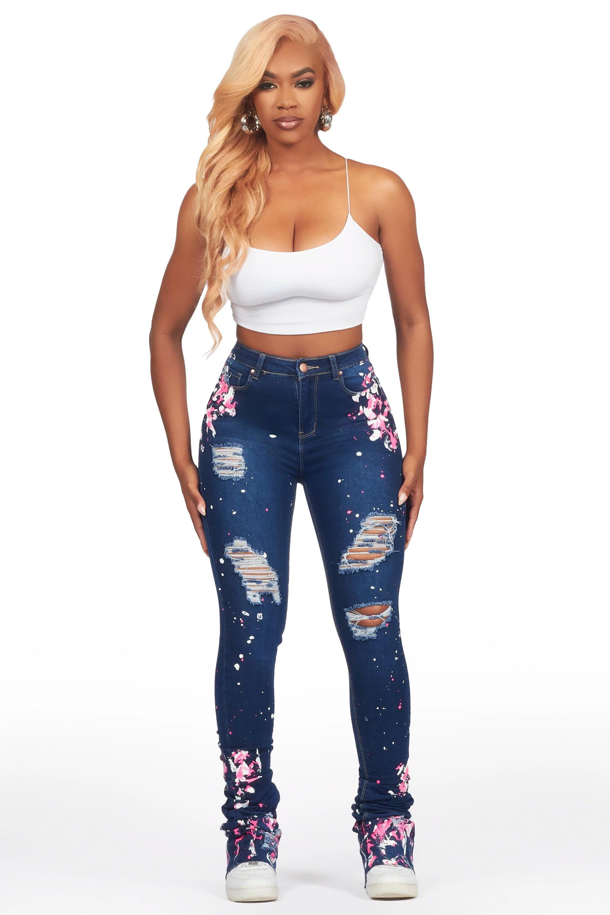 Lovie Dark Wash Painted Super Stacked Jean Female Product Image