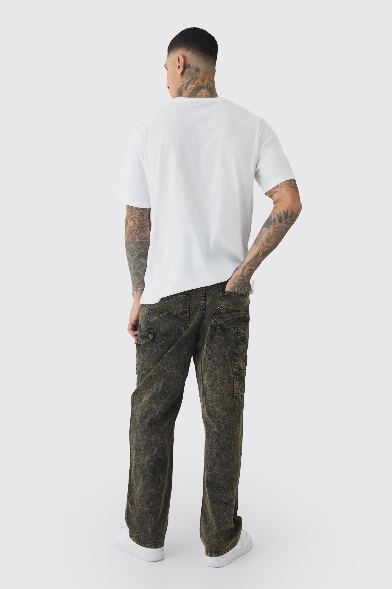 Tall Acid Wash Carpenter Pants With Knee Rips | boohooMAN USA Product Image