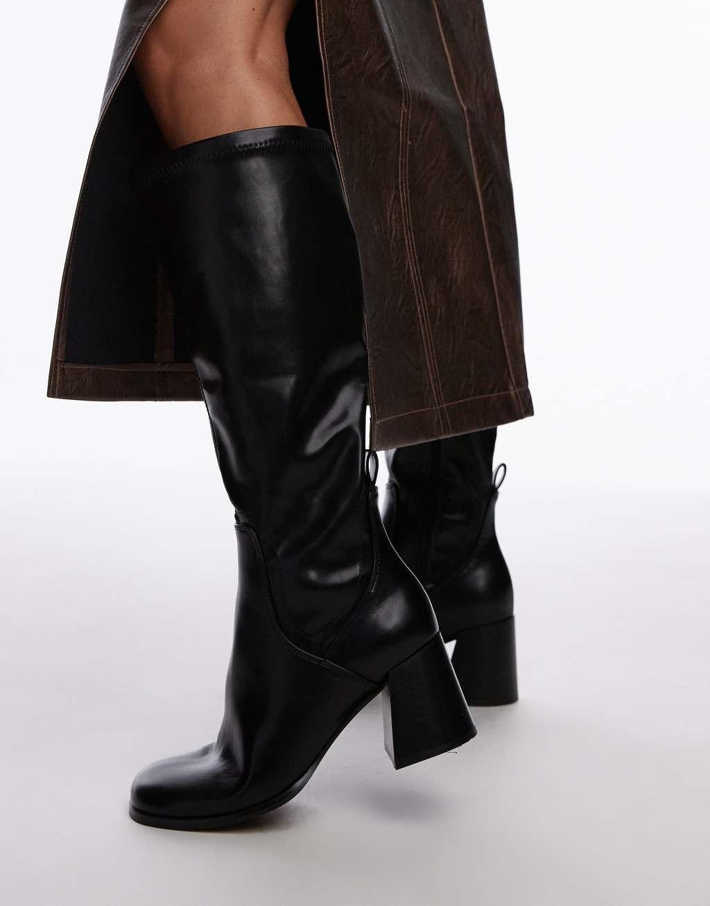 Topshop Ren knee high heeled boots in black Product Image