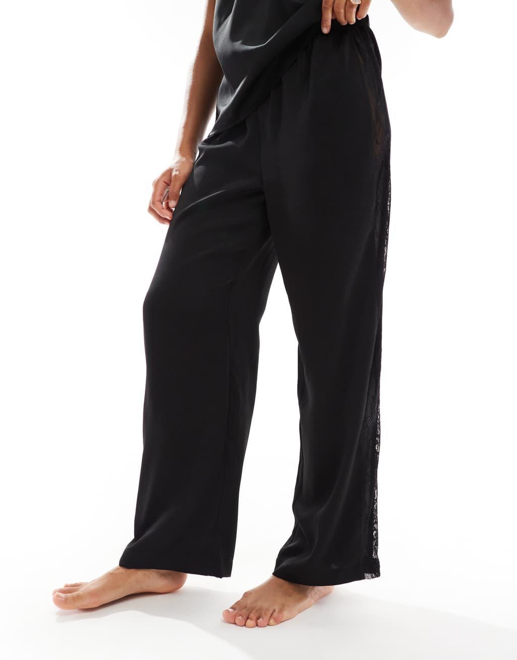 4th & Reckless satin wide leg lace panel detail pajama pants in black - part of a set Product Image