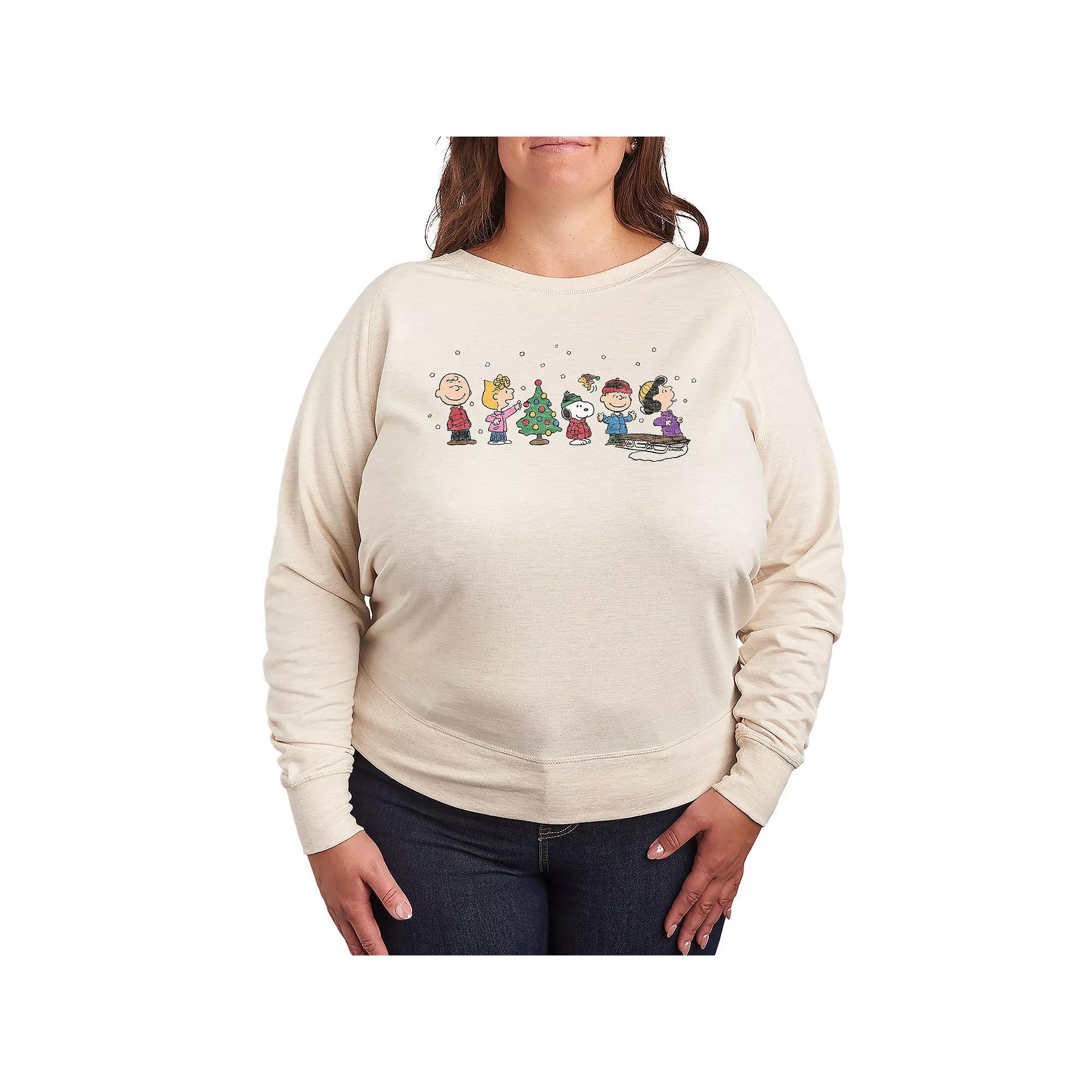 Women's Peanuts Christmas Group French Terry Long Sleeve Tee, Size: 1XL, Beige Product Image