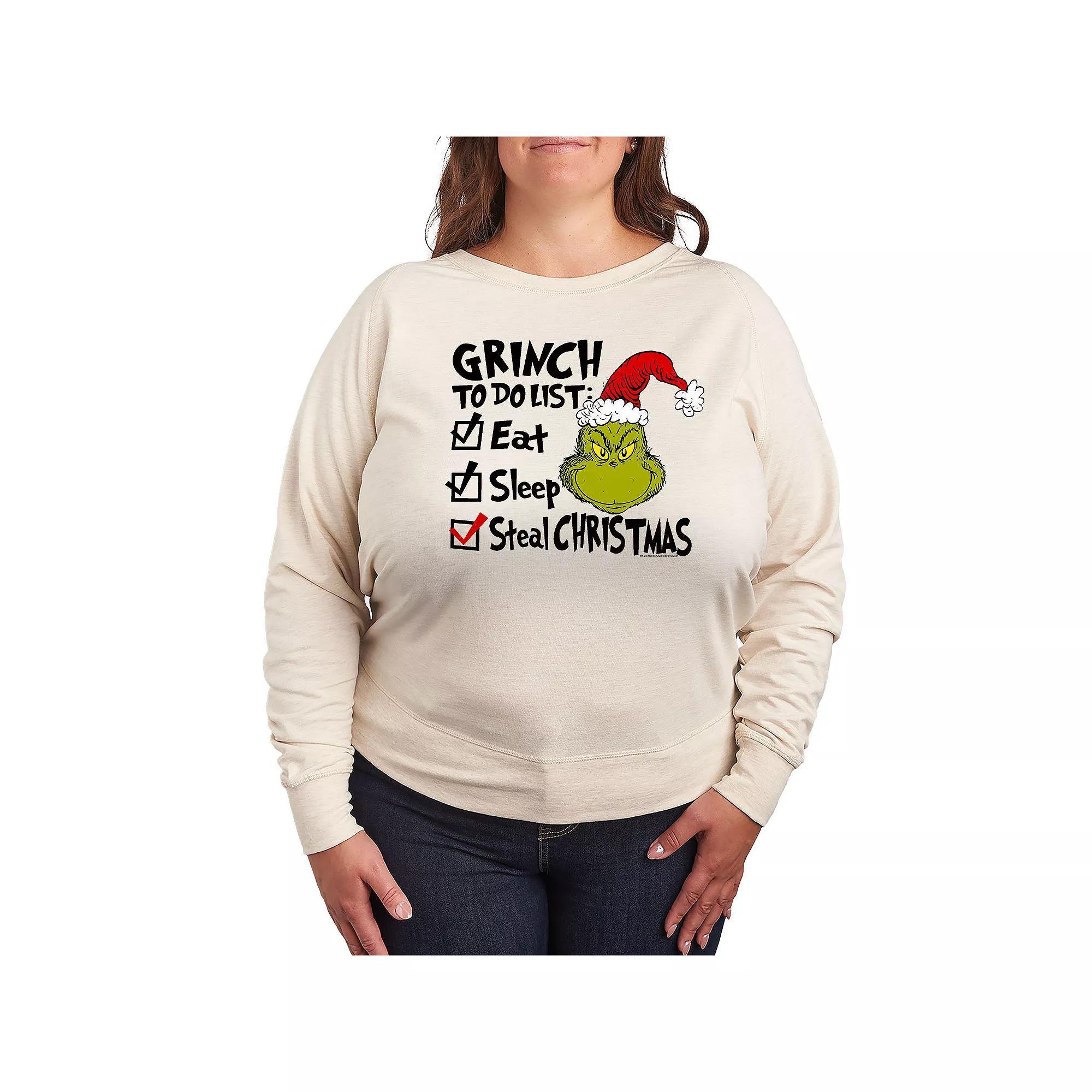 Plus Size Dr. Seuss The Grinch To Do List French Terry Long Sleeve Tee, Women's, Size: 2XL, Beige Product Image