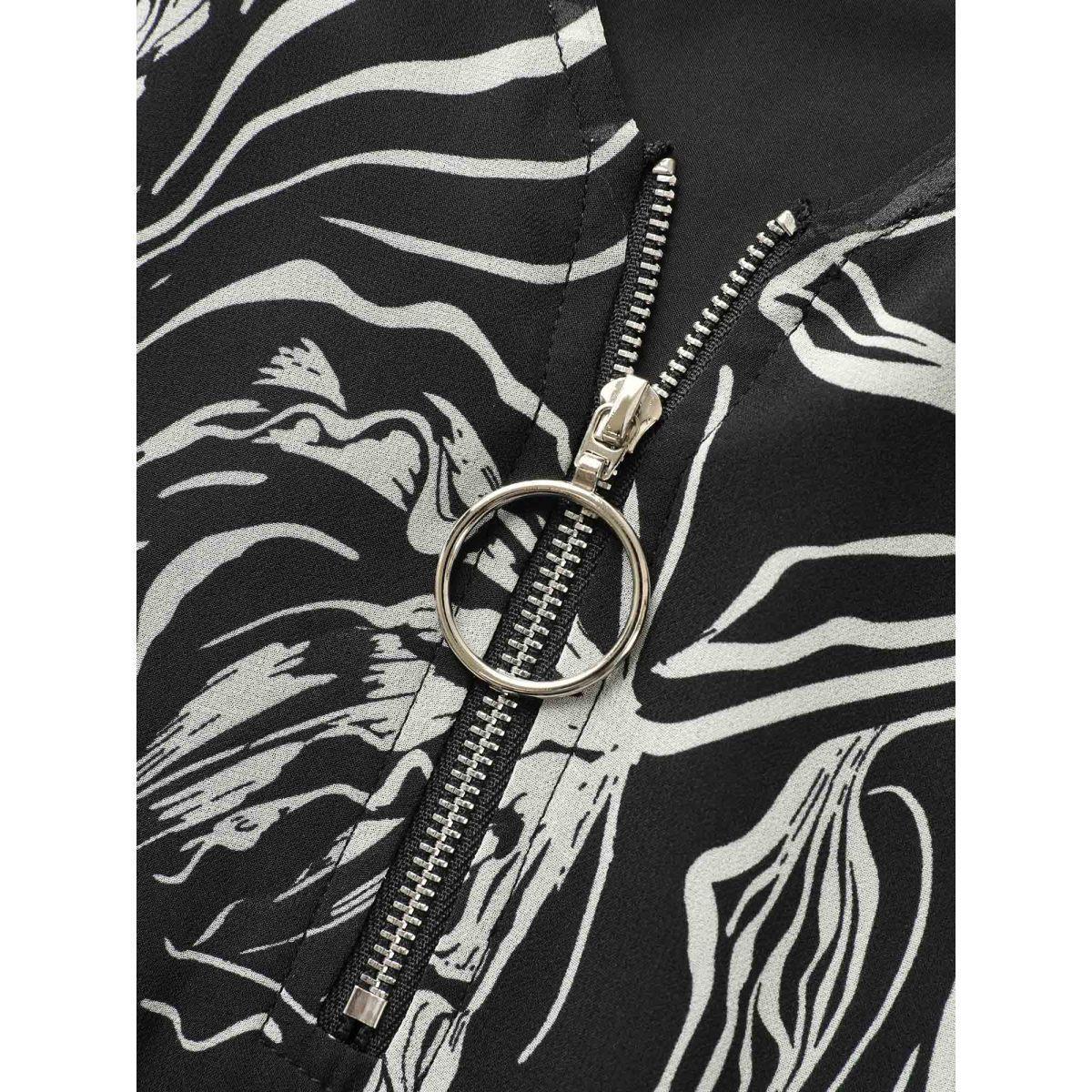 Plus Size Black Floral Half Zip Patchwork Mesh Blouse Women Elegant Short sleeve V-neck Everyday Blouses BloomChic 18-20/2X Product Image