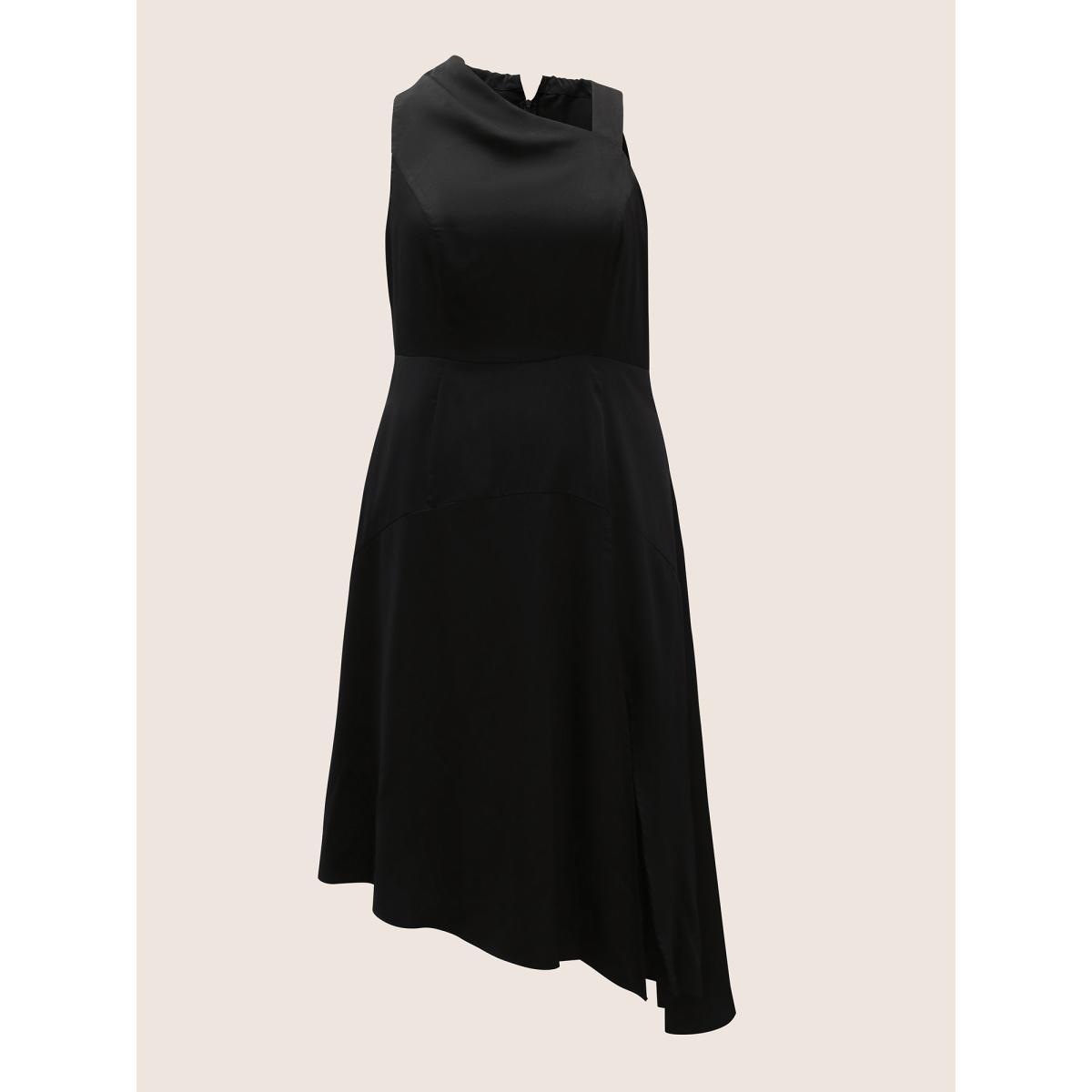 Plus Size Solid Asymmetrical Neck Split Hem Dress Black Women Formal Asymmetrical Neck Sleeveless Curvy Midi Dress BloomChic 18-20/2X Product Image