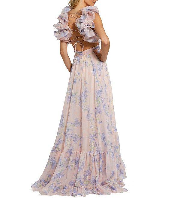 Mac Duggal Ruffle Shoulder Lace Up Back Sweetheart Neckline Shirred Bodice Tiered Floral Chiffon A-Line Gown Product Image