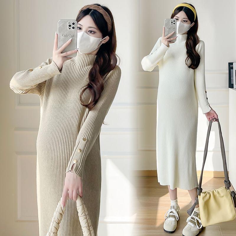 Maternity Long Sleeve Turtleneck Plain Bodycon Midi Dress Product Image