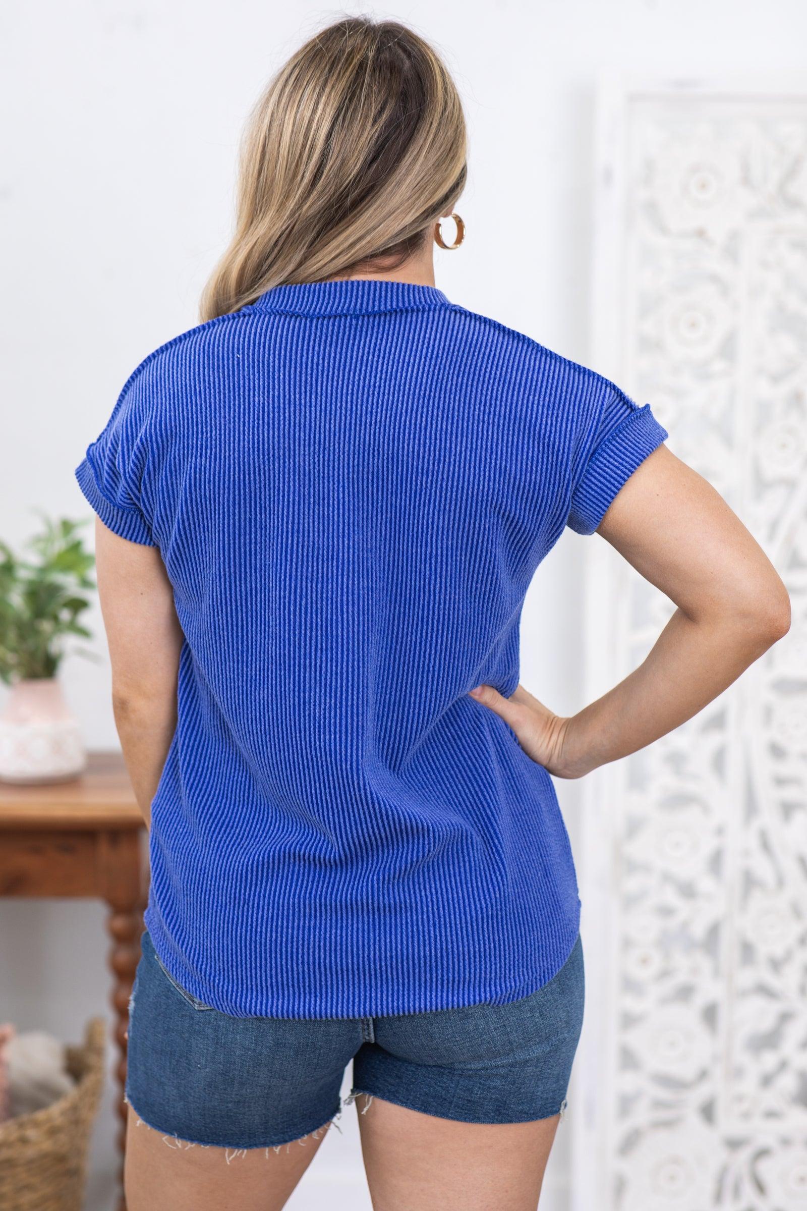 Royal Blue Ribbed V-Neck Knit Top Product Image