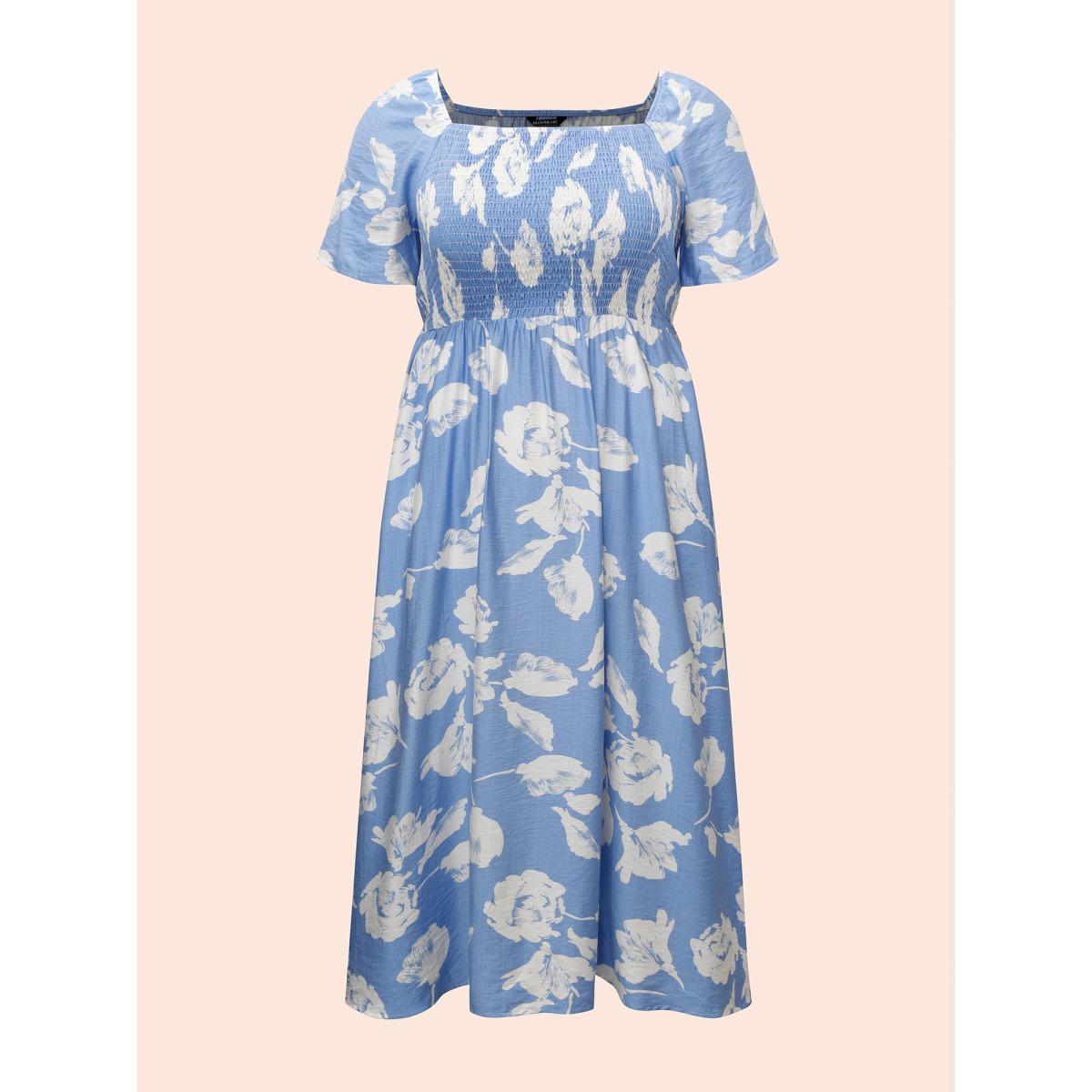 Plus Size Square Neck Silhouette Floral Print Shirred Dress LightBlue Women Elegant Shirred Square Neck Short sleeve Curvy BloomChic 22-24/3X Product Image