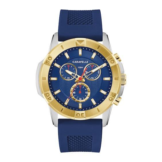 Caravelle by Bulova Mens Two-Tone Stainless Steel Blue Chronograph Dial Silicone Strap Watch - 45B161 Product Image