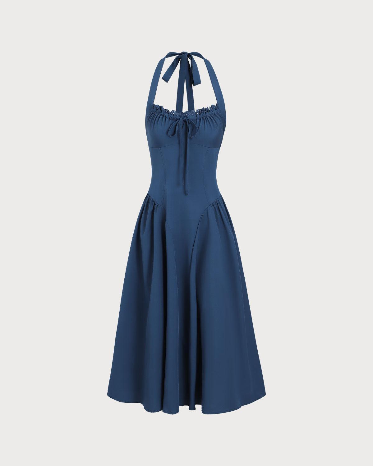 Navy Ruched Halter Midi Dress Product Image
