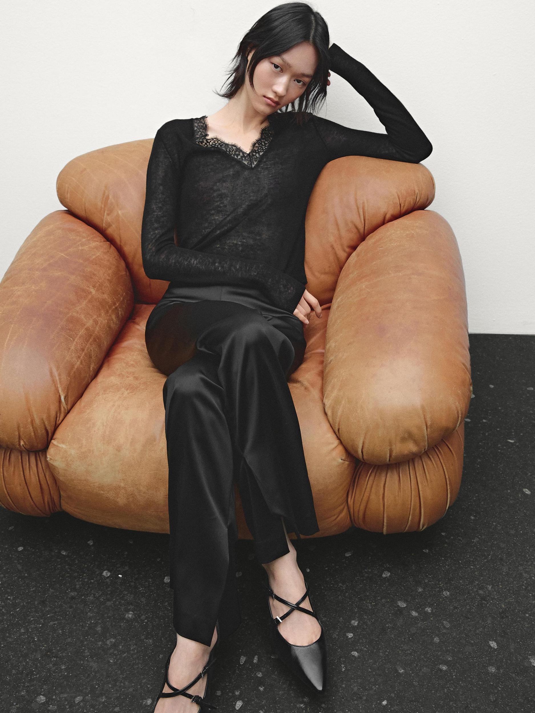 Wool knit sweater with lace trim detail Product Image