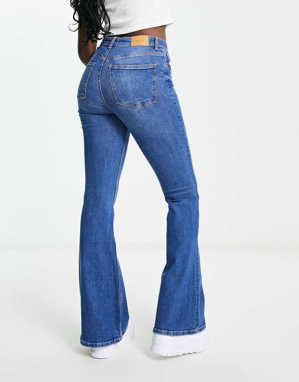 Bershka high rise flared jeans in mid blue Product Image