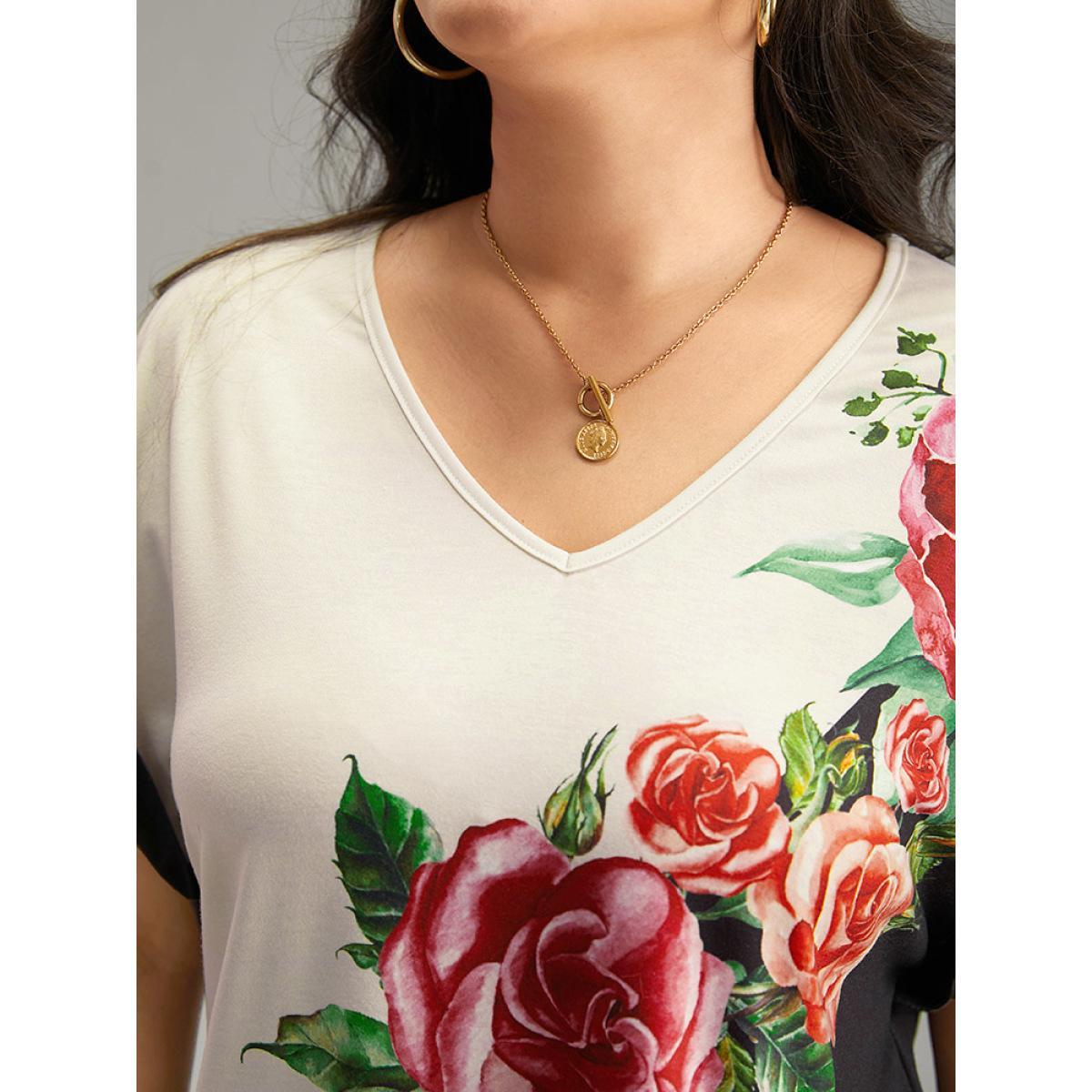 Plus Size Boho Print Roll Batwing Sleeve T-shirt Black Women Casual Contrast Floral V-neck Dailywear T-shirts BloomChic 14-16/1X Product Image