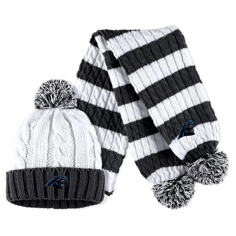 Womens WEAR by Erin Andrews /White Carolina Panthers Cable Stripe Cuffed Knit Hat with Pom and Scarf Set Product Image