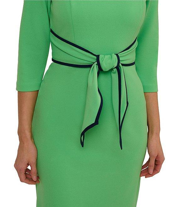 Adrianna Papell Petite Size Contrast Trim Boat Neck 3/4 Sleeve Tie Waist Crepe Dress Product Image