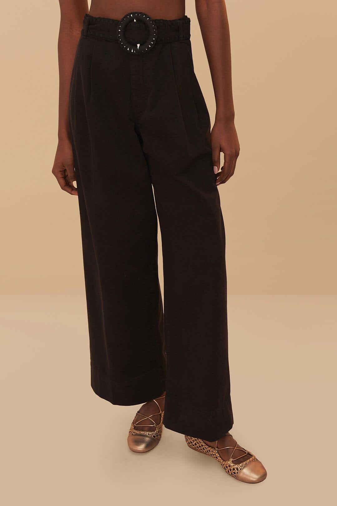Black Twill Belted Wide Pants Product Image