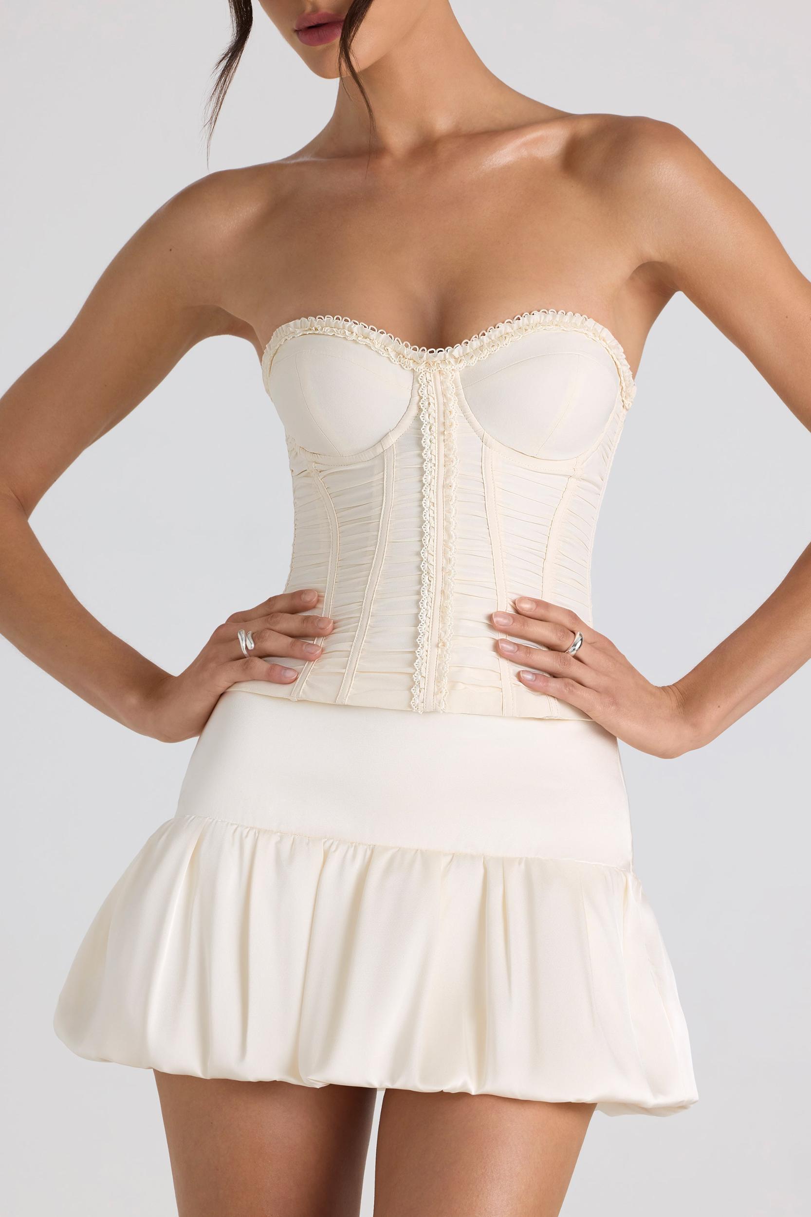 Ruched Lace-Up Strapless Corset Top in Ivory Product Image