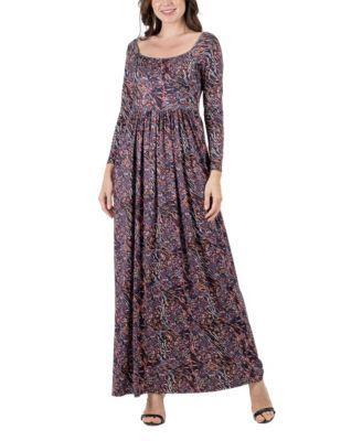 24seven Comfort Apparel Womens Floral Long Sleeve Pleated Maxi Dress Product Image