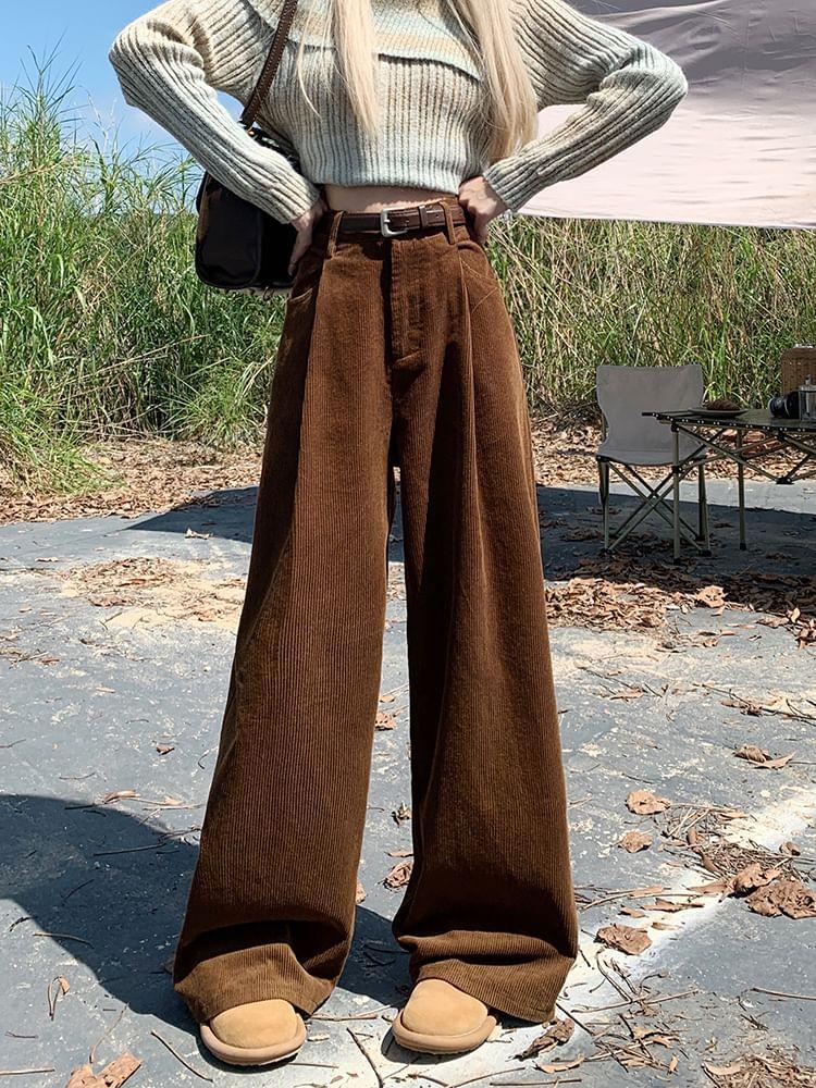 High Rise Plain Pleated Corduroy Wide Leg Pants Product Image