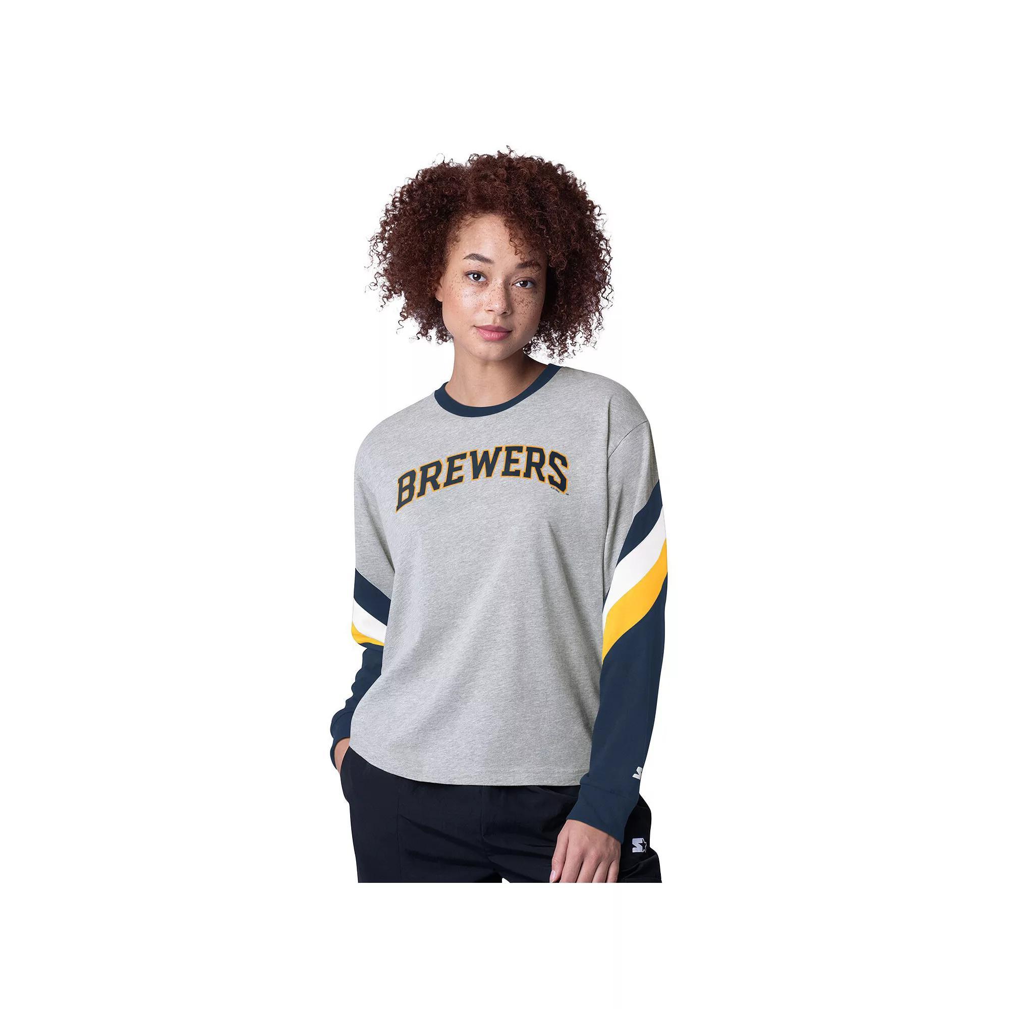 Women's Starter Heather Gray Milwaukee Brewers Triple A Fashion Color Block Long Sleeve Top, Size: Small, Grey Product Image