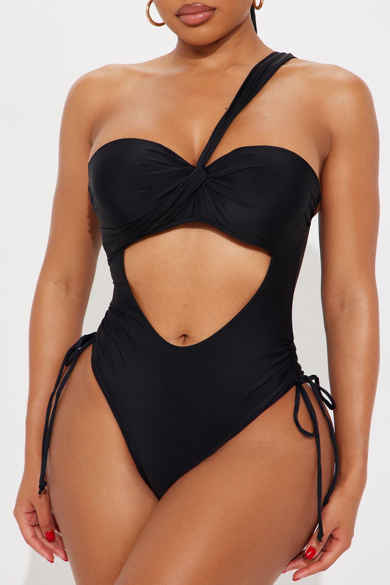 Cabana Beach One Shoulder Cutout Ruched 1 Piece Swimsuit - Black Product Image