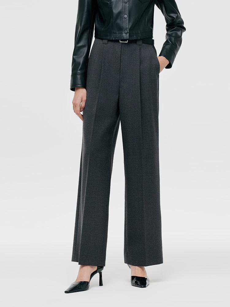 Worsted Wool Women Wide Leg Pants With Leather Belt Product Image
