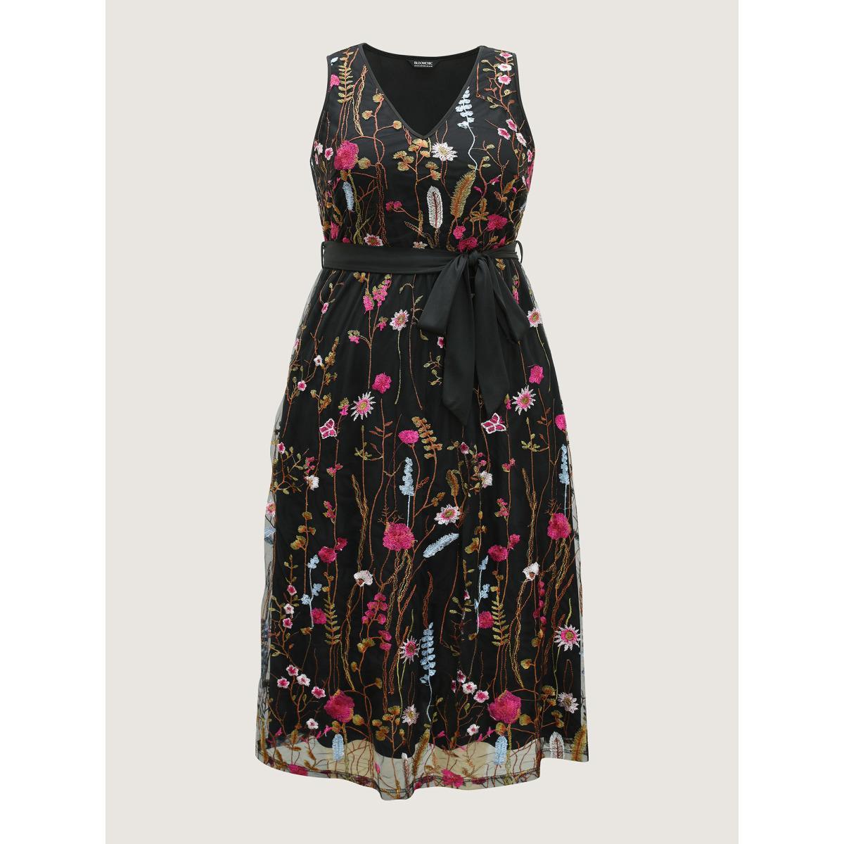 Plus Size Floral Embroidery Belted Midi Dress Black Women Formal V-neck Sleeveless Curvy BloomChic 26/4X Product Image