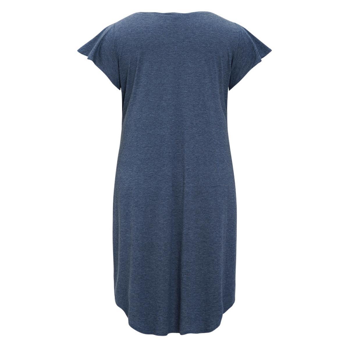 Plus Size Plain Pleated Ruffle Sleeve Pocket Button Up Curved Hem Dress Stone Women Casual Arc Hem Round Neck Cap Sleeve Curvy Midi Dress BloomChic 28/5X Product Image