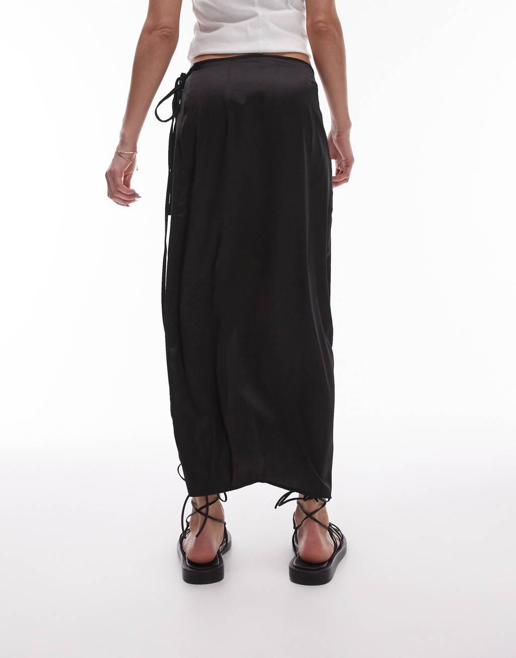 Topshop satin bias cut midi skirt in black Product Image