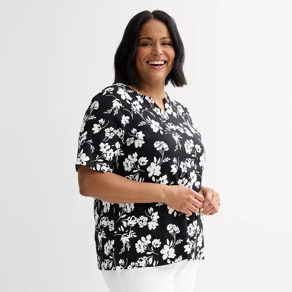 Plus Size Croft & Barrow® Elbow Sleeve Split Neck Top, Women's, Size: 0X, Black Shadow Floral Product Image
