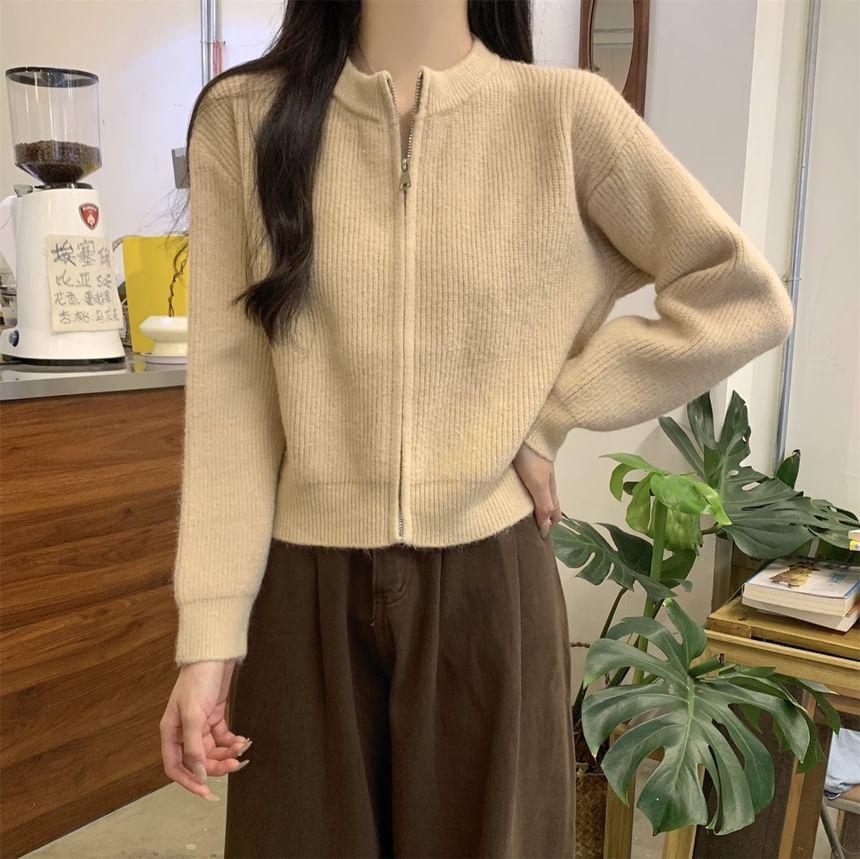 Crew Neck Plain Zip-Up Crop Cardigan Product Image