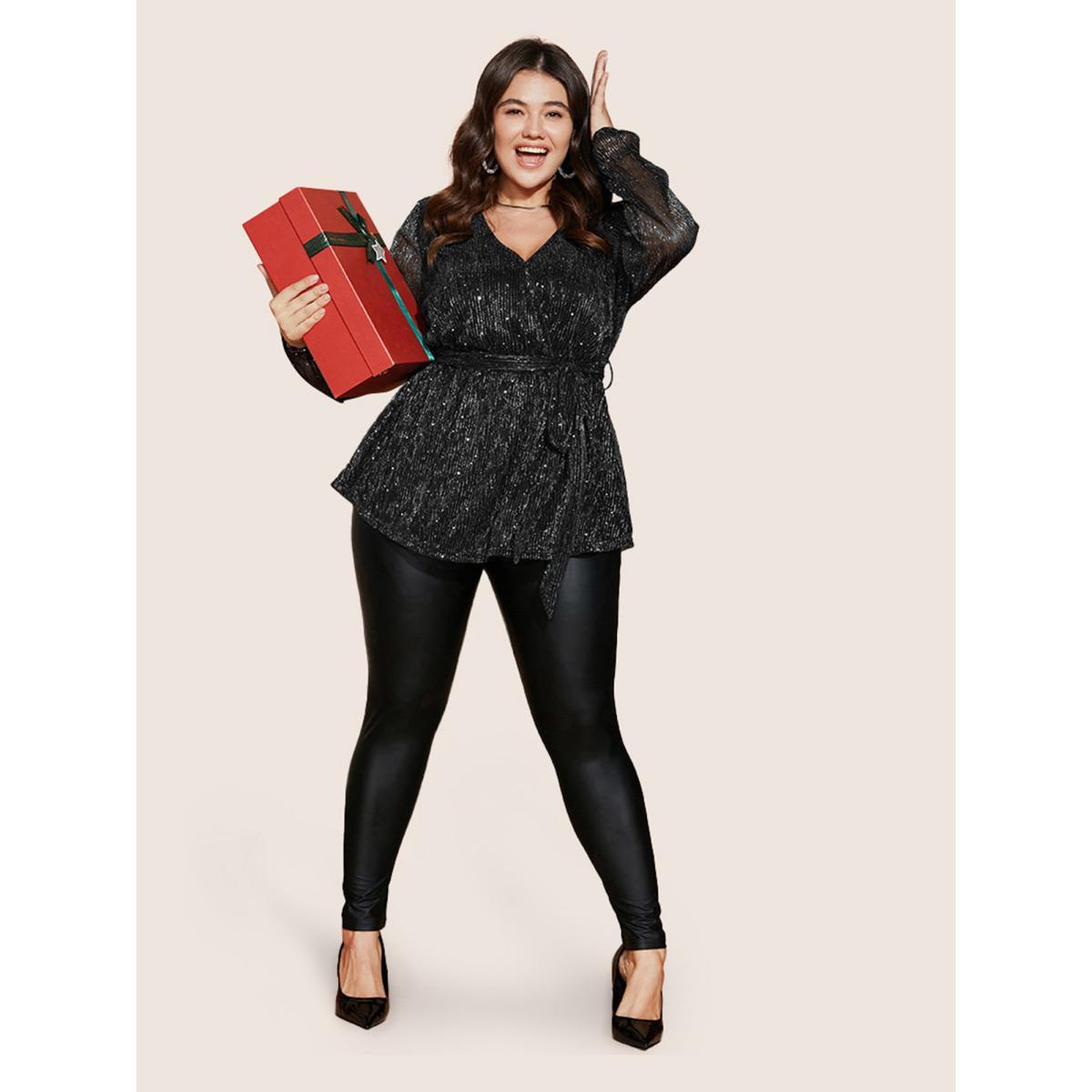 Plus Size Black Sequin Mesh Lantern Sleeve Wrap Belted Striped Blouse Women Party&Cocktail Long Sleeve Overlap Collar Party Blouses BloomChic 28/5X Product Image