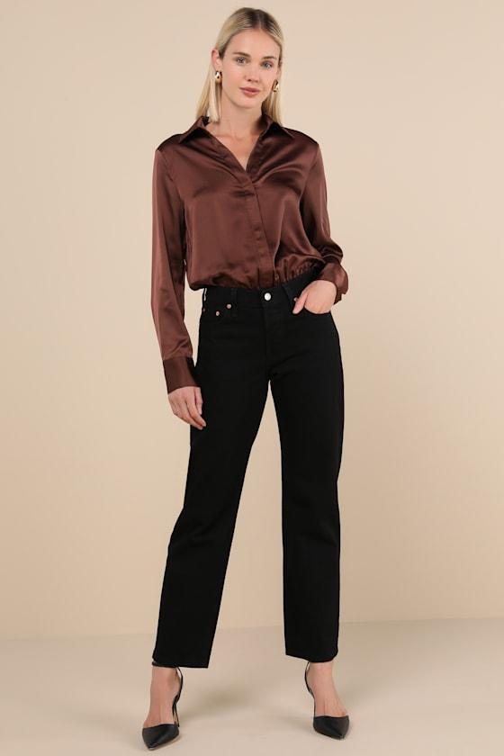 Luxe Stance Chocolate Brown Satin Button-Up Bodysuit Product Image